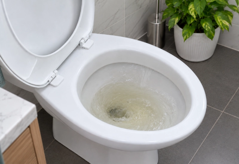 kiểm tra khả năng thoát nước sau khi thông bồn cầu bằng nước nóng và nước rửa chén